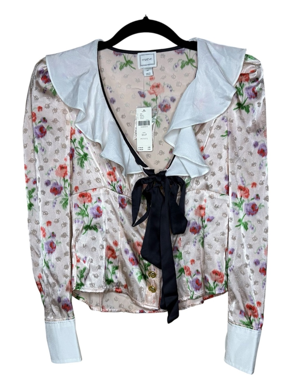 Maeve by Anthropologie NWT XS Petite Peach Floral Satin Ruffle Bow Blouse